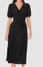MSK Women Black Puff-Sleeve Belted Midi Dress Petite Size PL
