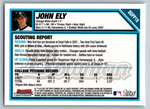 2007 Bowman Chrome Draft John Ely First Bowman Rookie White Sox RC - Picture 2 of 2