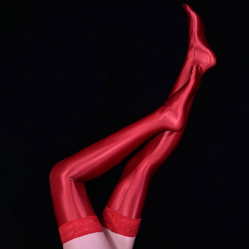 Damen Wetlook Glänzend Satin Strümpfe Silikonband Halterlose Strümpfe mit Spitze - Bild 4 von 19