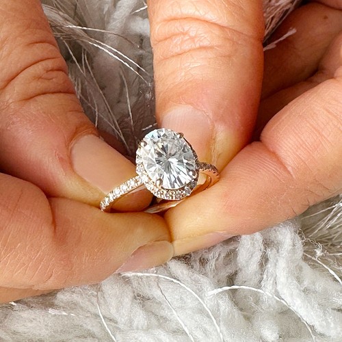 14K ROSÉGOLD OVALER MOISSANIT UND RUNDSCHLIFF VERLOBUNGSRING HALO HOCHZEIT 2,50 CTW - Bild 10 von 10