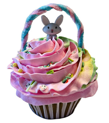 DEZICAKES Fake Cupcake Easter Bunny Basket  Yellow Pink Green Easter Cupcake