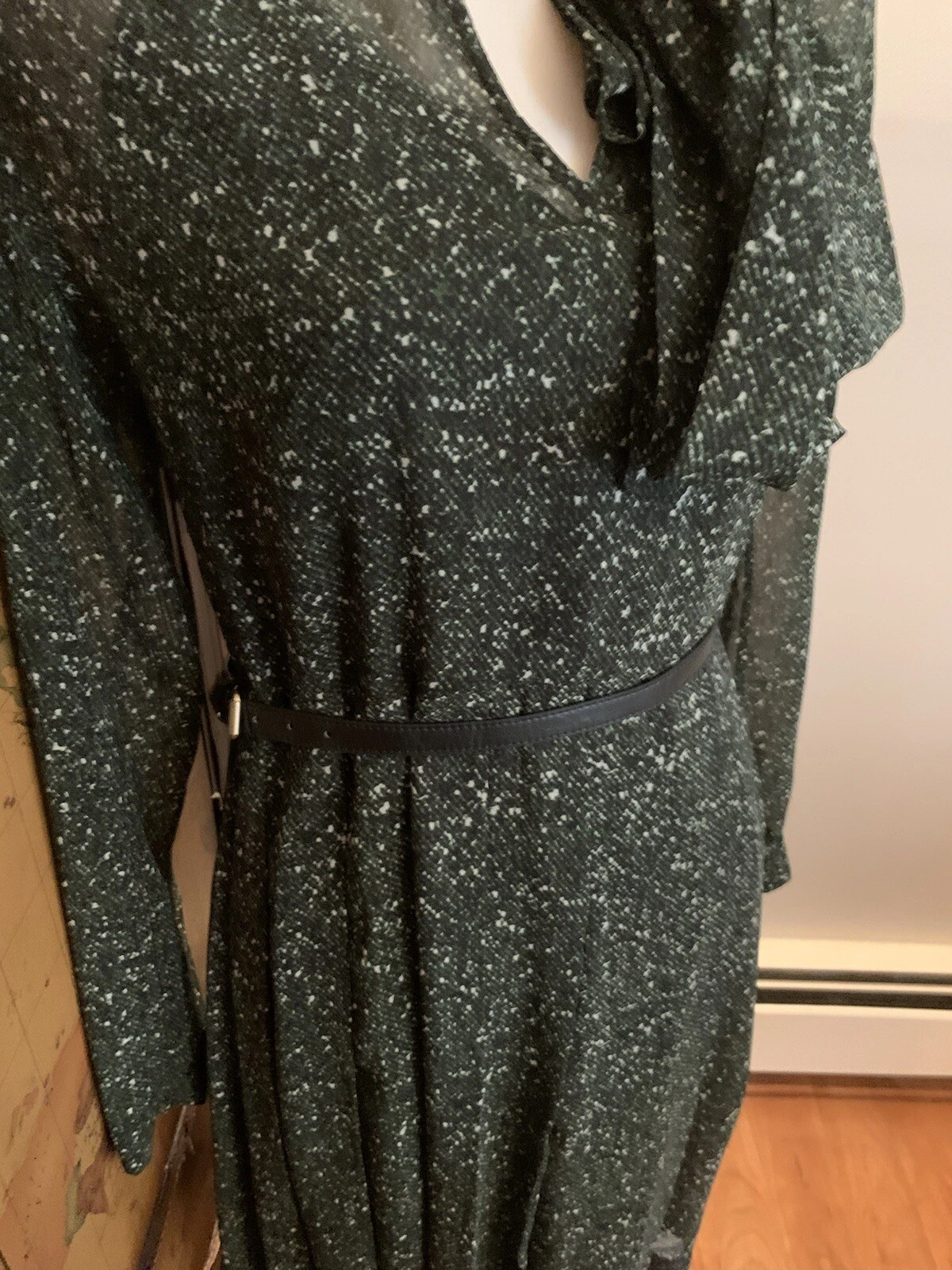 Abito Michael Kors taglia small med verde scuro floreale cravatta collo cintura foderato trasparente