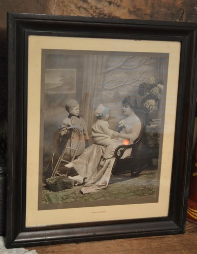 Classic Victorian "Good Counsel" Colorized Picture of Mother & Children w/Sled - Picture 4 of 12