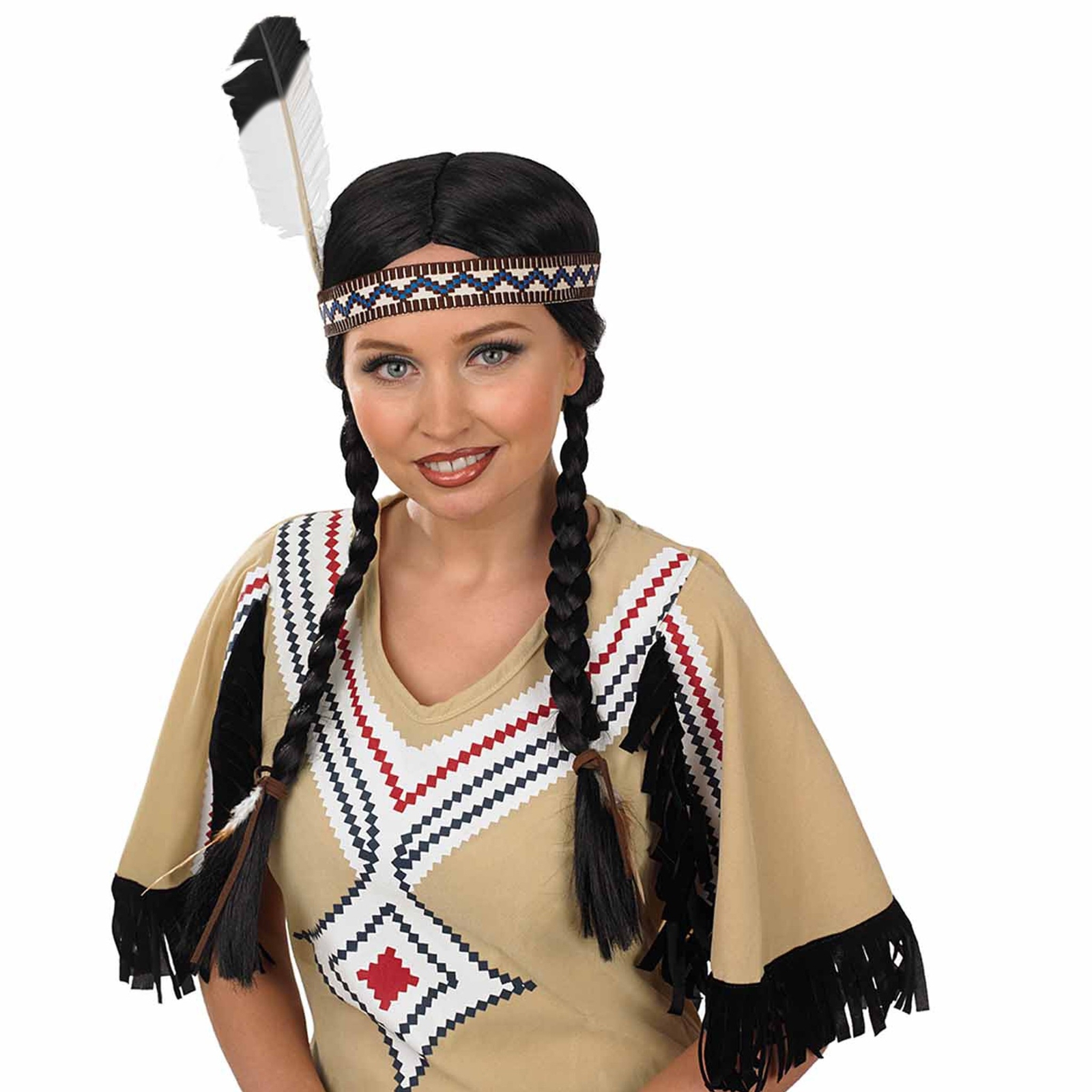 Womens Native American Pigtail Wig & Feather Indian Headdress for Fancy Dress
