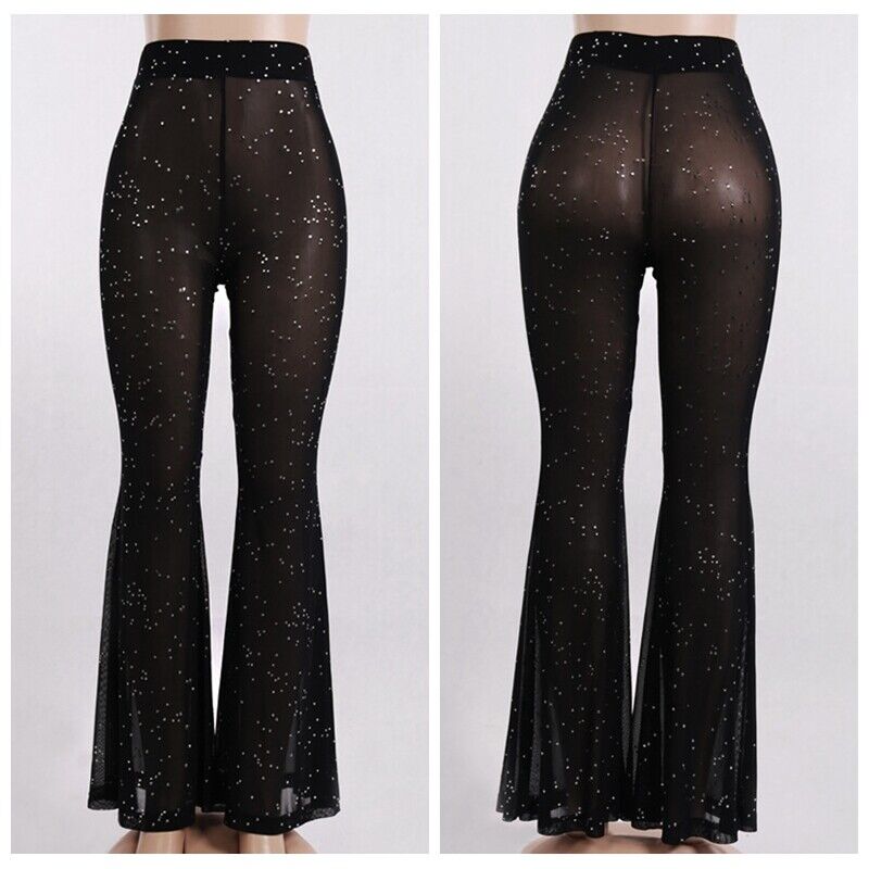 Pudcoco Women Flare Pants, Shiny Sequined Stretchy Slim Fit Ladies Long  Trousers for Club Bar