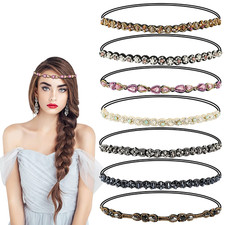 7 Pcs Rhinestone Beaded Headbands, Fashionable Crystal Beaded Elastic Hairbands
