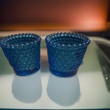 Blue Glass Hobnail Pattern Candle Holders Pair Set of 2 Decorative Glassware