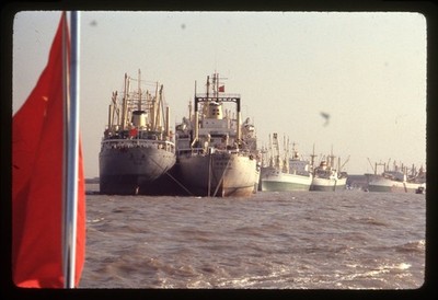 SL29 Slide 1959 China Port Canton Shanghai Cargo Ships Freighters Flag 974a