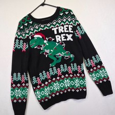 Ugly Christmas Sweater Mens M Black Snowflake Tree Rex Dinosaur Santa Holiday