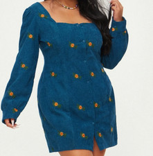 Cider Teal Blue Corduroy Mini Dress Floral Embroidered Square Neck Plus Size 1XL