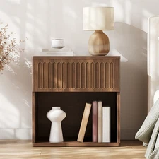 Nightstand with Drawer & Open Shelf Bedside Table for Bedroom Storage Walnut