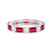 Ruby Emerald Cut Eternity Band Ring 5x3mm 925 Sterling Silver Rhodium Plated
