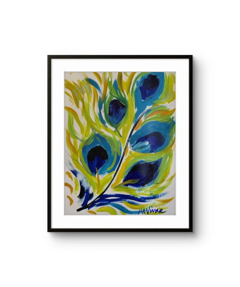 Pintura Abstracta Impresionismo Pluma Pop Pluma Pavo Real 14x11 Original MONA VIVAR Foto 2 de 4