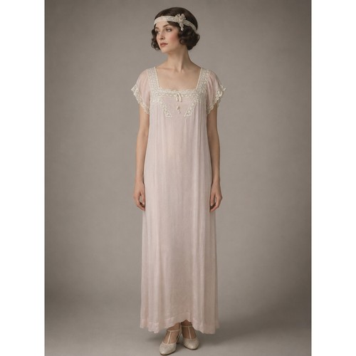 Vintage 1920s Pink Silk Nightgown White Lace Antique Flapper Lingerie Dress