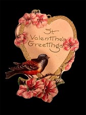 Vintage Inspired Wooden Valentine Ornament Glitter St. Valentines Greetings Bird