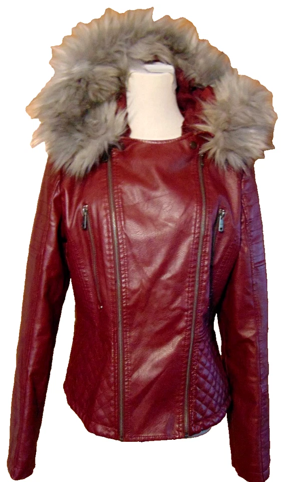LA КОАЛИЦИЯ ЖЕНЩИН БОРДОВЫЙ ИСКУССТВЕННОЙ КОЖИ КУРТКА ИСКУССТВЕННОГО МЕХА КАПЮШОН ДЕВИЗ ШИПОВНИК ~ L/XL - Изображение 4 из 4