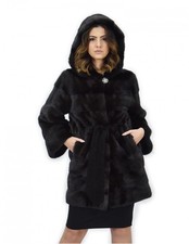 Grey Gold Coat 44 Mink Fur Hood Belt Leather Sleeve...