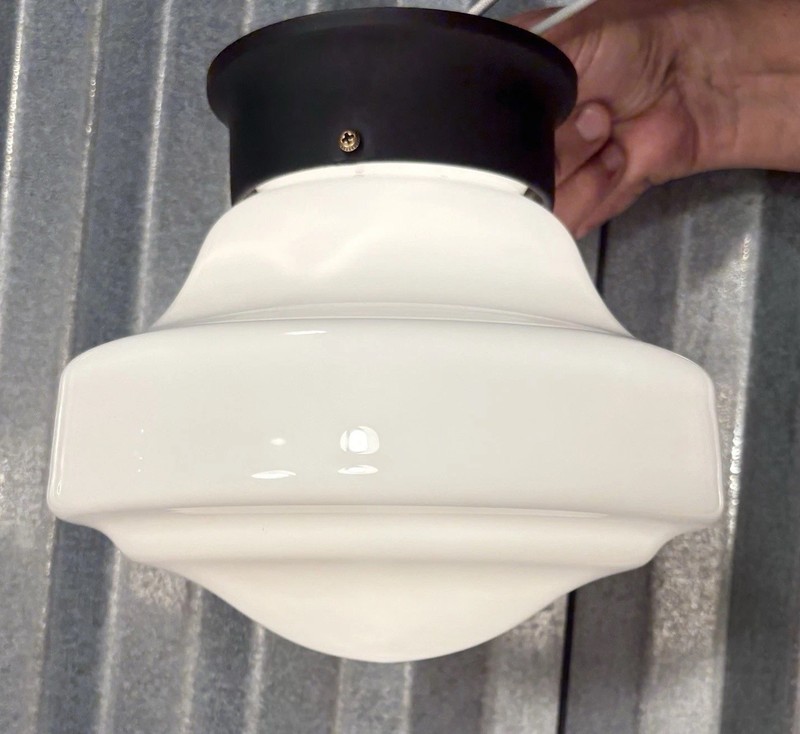 Antique Flush Mount Fixture Milk White School House Globe Metal Black Base