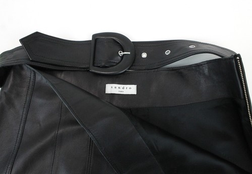 SANDRO Leena Skirt Women's LARGE Lamb Leather Belted Lined Mini - Picture 6 of 11