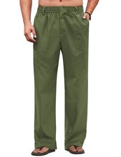 Men's Casual Linen Cotton Pants Elastic Waist Summer Beach Lightweight Trousers