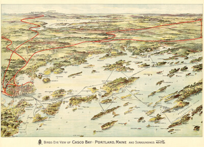 Casco Bay, Portland, Maine - 1906 - Aerial Bird's Eye View Map Poster