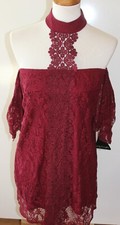 City Triangles Burgundy Lace Lined Off Shoulder Dress Sz M NWT $59 L#1581