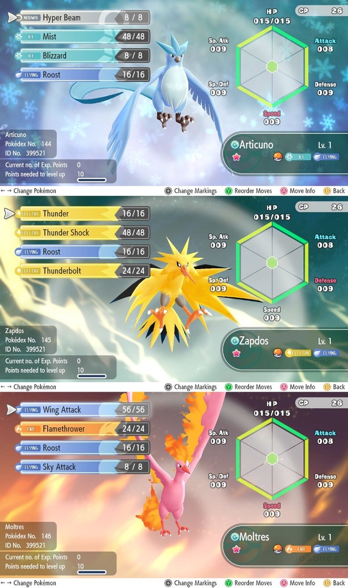 Shiny Legendary Birds All Legendary Pokemon In Let's Go
