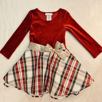 Bonnie Jean Girls 4/4T Christmas Dress Red Plaid Silver Bow With Red Velvet 