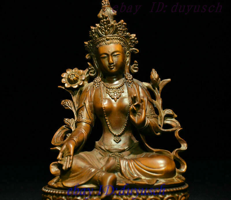 Antiguo Tíbet Budismo Madera de Boj Tallada Verde Tara Diosa GuanYin Buda Estatua Foto 3 de 4