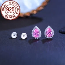 Elegant Water Drop Stud Earring Pink CZ Solid 925 Sterling Silver Ladies Jewelry