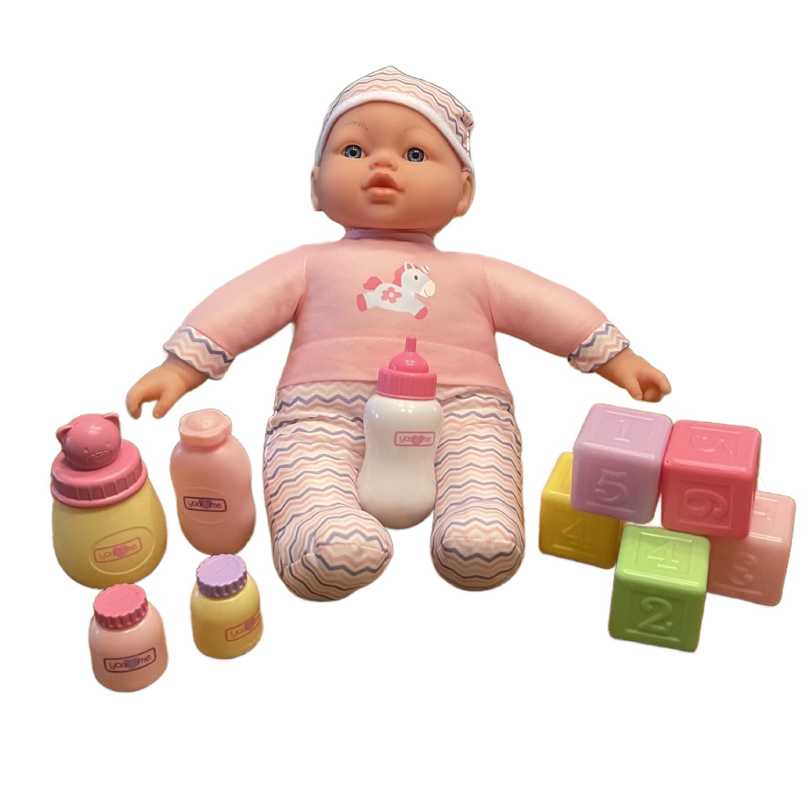 Excite Kids Stuff Baby Infant Doll Soft Body 15 inches Blocks Bottle Accessories