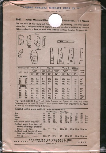 3031 Vintage Butterick SEWING Pattern Juniors 1940s Suit Frock Jacket Blouse OOP - Picture 2 of 2