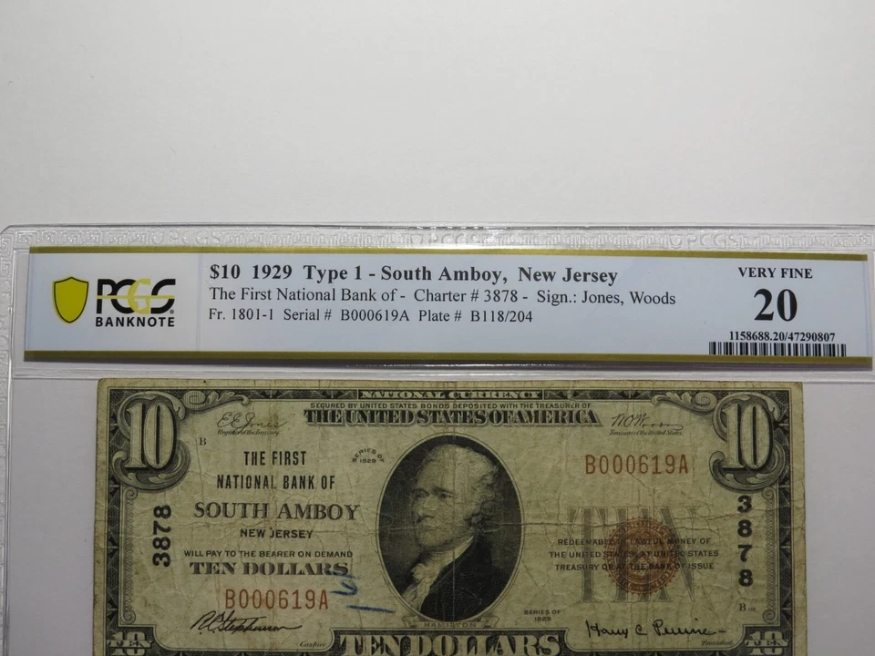 $10 1929 South Amboy New Jersey National Currency Bank Note Bill #3878 VF20 PCGS - Image 2 of 4