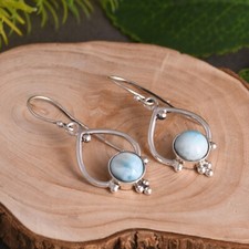 Round Shape Larimar Gemstone 925 Silver Dangle Earrings Birthday Gift For Her