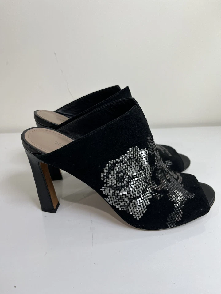 Donald Pliner Elora Womens Heeled Mule Black Suede Floral Size 7.5 Peep-Toe - Image 2 of 4