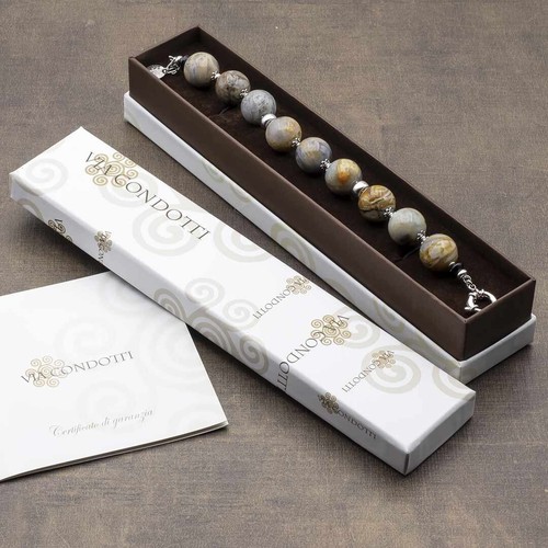 Bracciale in pietre dure Agata Fiorita grigia e argento braccialetto regolabile - Foto 6 di 6
