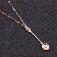 Rose Gold (Pink) Tea Spoon Shape Charm Silver Pendant Necklace With Crown - Gift