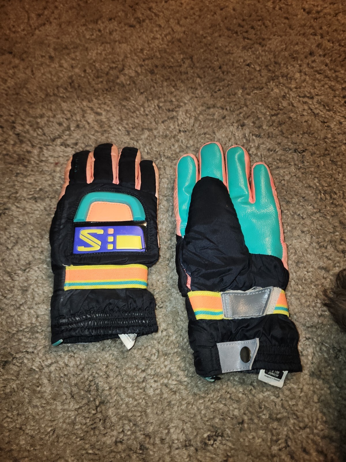 Guanti da neve vintage anni '90 Team Salomon verde corallo viola SG100 taglia GIOVENTÙ M