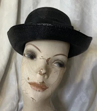 Vintage Gwenn Pennington Exclusive Hat 1960's Black Straw Grosgrain Ribbon
