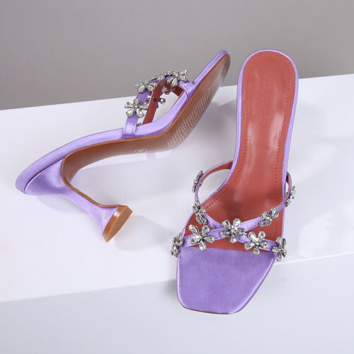 Womens Summer New Rhinestone Decor Square Toe Pull on Casual Slippers US 5-10 - Picture 4 of 28