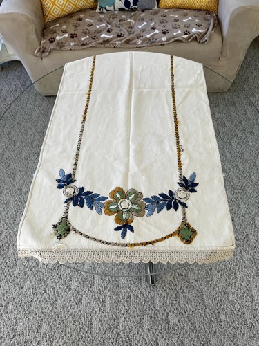 Arts & Crafts Vintage Embroidered Linen Doily Fringe Runner Tablecloth 49" x 22" - Picture 7 of 24