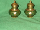 #1802 - VINTAGE  ALL BRASS SALT AND PEPPER SHAKER SET WITH A MOROCCAN DESIGN