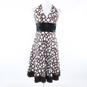 tan and white polka dot halter neck dress
