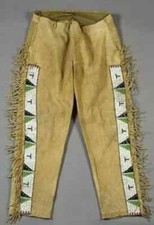 Men Native American Western Cowboy Buffalo Suede Leather Pants Fringes Beaded