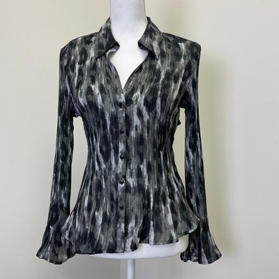Marks & Spencer Grey Abstract Plissé Pleated Button Front Blouse 8 Bell Sleeve