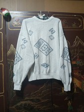 Vintage Geometric Chunky Knit Sweater Men's 1980s Cotton Handmade