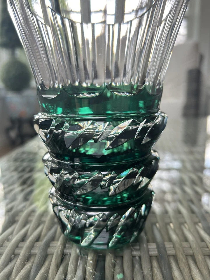 Signed Val Saint Lambert Emerald Green Crystal Vase VTG 6" Flared Art Deco - image 2 of 4