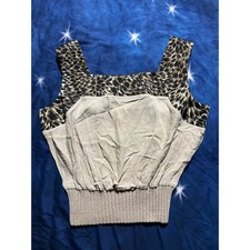 Cache Leopard Print Mixed Media Ribbed Hem Tank Top Large Beige Brown