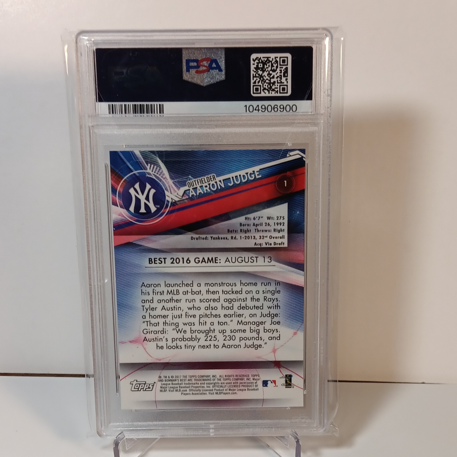 Topps 2017 Bowman's Best Aaron Judge New York Yankees RC Base Set #1 PSA 9 view 4