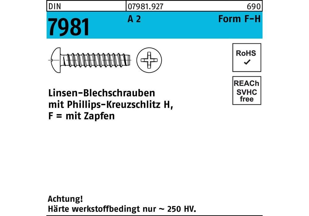 Рейхсканцлер Blechschraube DIN 7981 LIKO m.Кройцшлиц-PH 4,2x 9,5 -F-H A 2 м.Zapfen